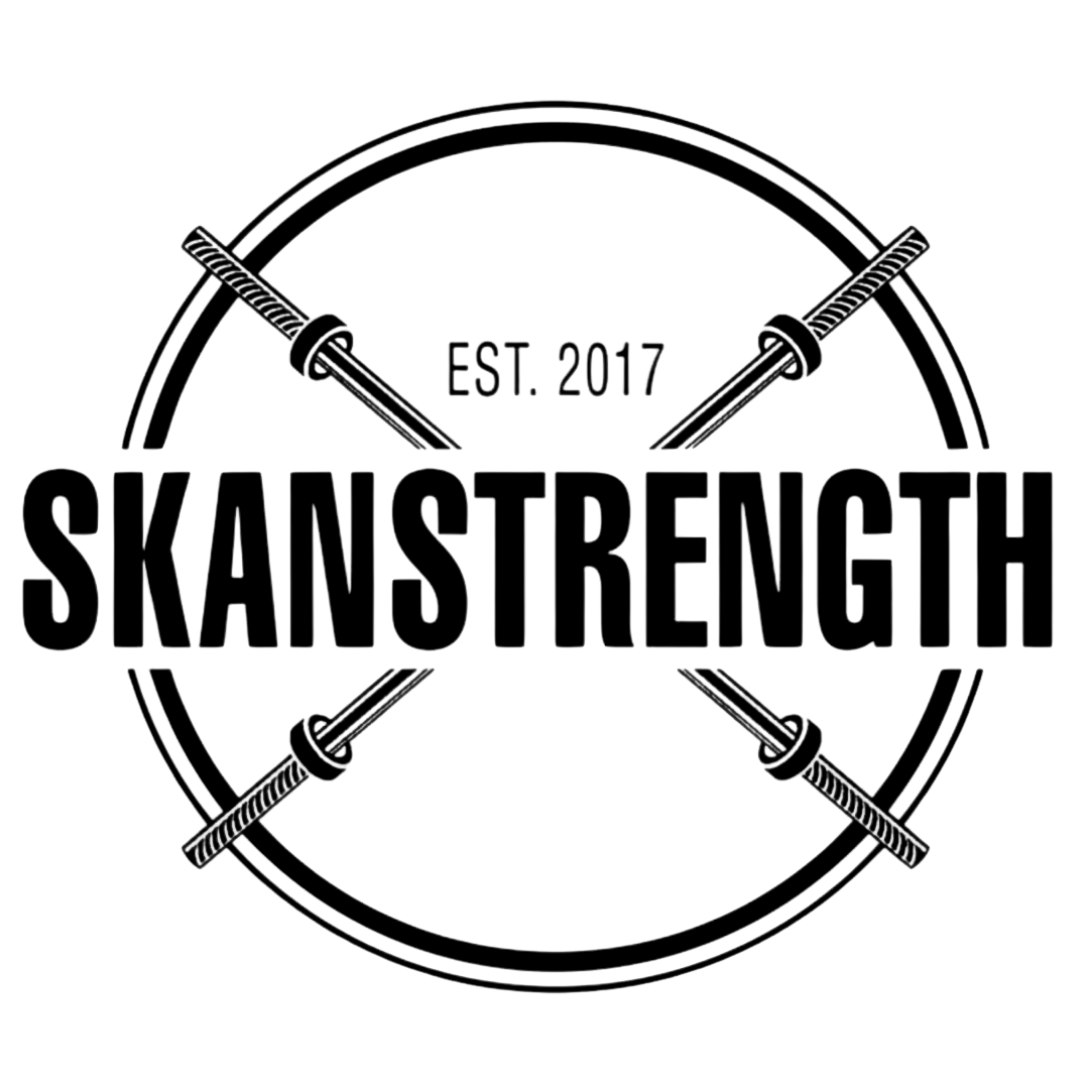 A black and white logo for a company called skanstrength.