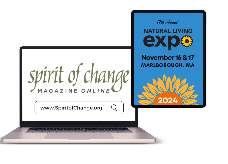A laptop is open to a page that says spirit of change magazine online