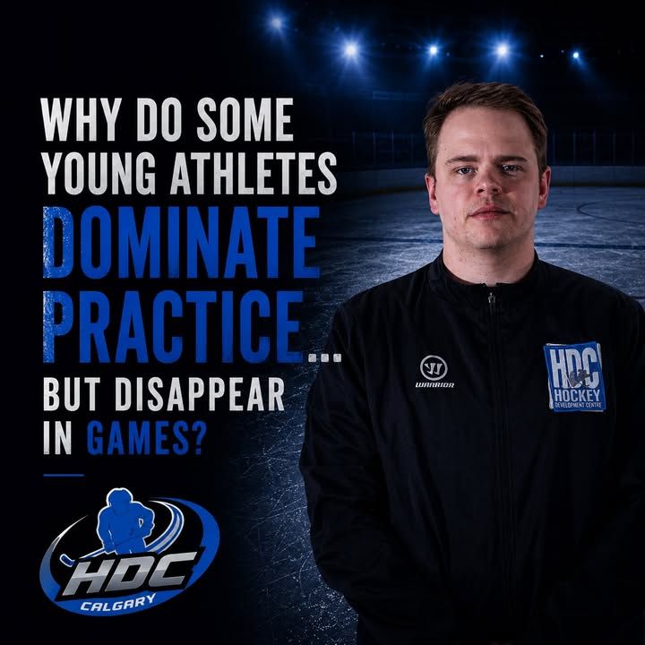 Hockey training graphic with a man on the right and text: “Why do some young athletes dominate practice but disappear in games?”