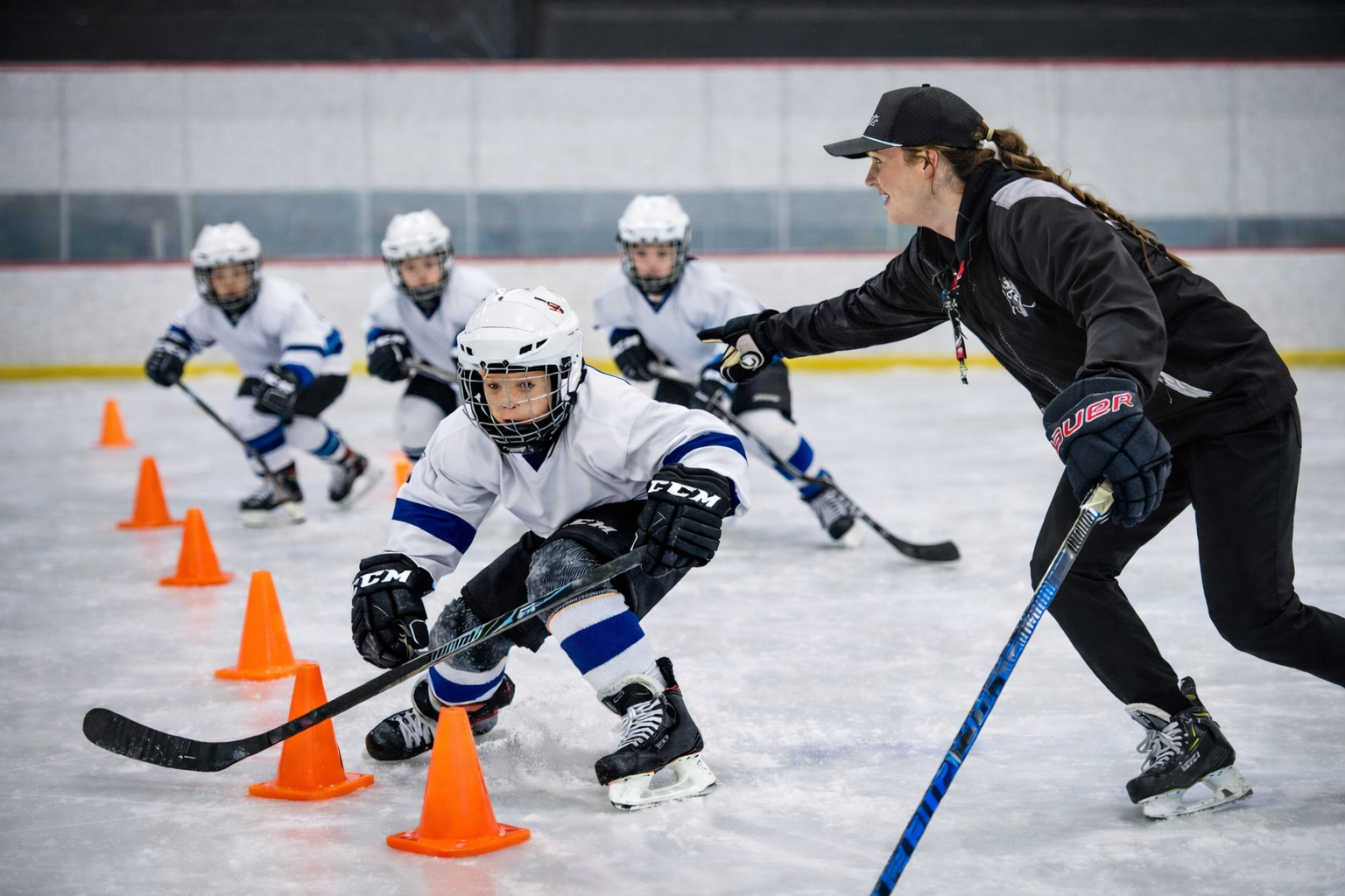 HDC Calgary coach running power skating drills with youth hockey players on ice