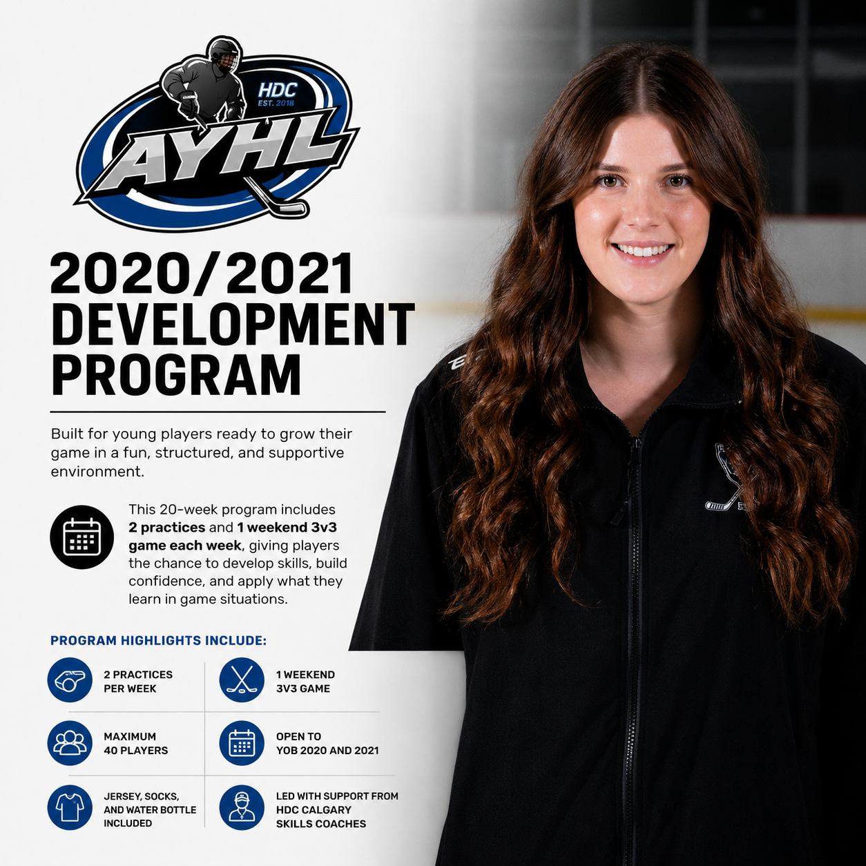 AYHL 2020/2021 Development Program poster with a smiling woman on a white background