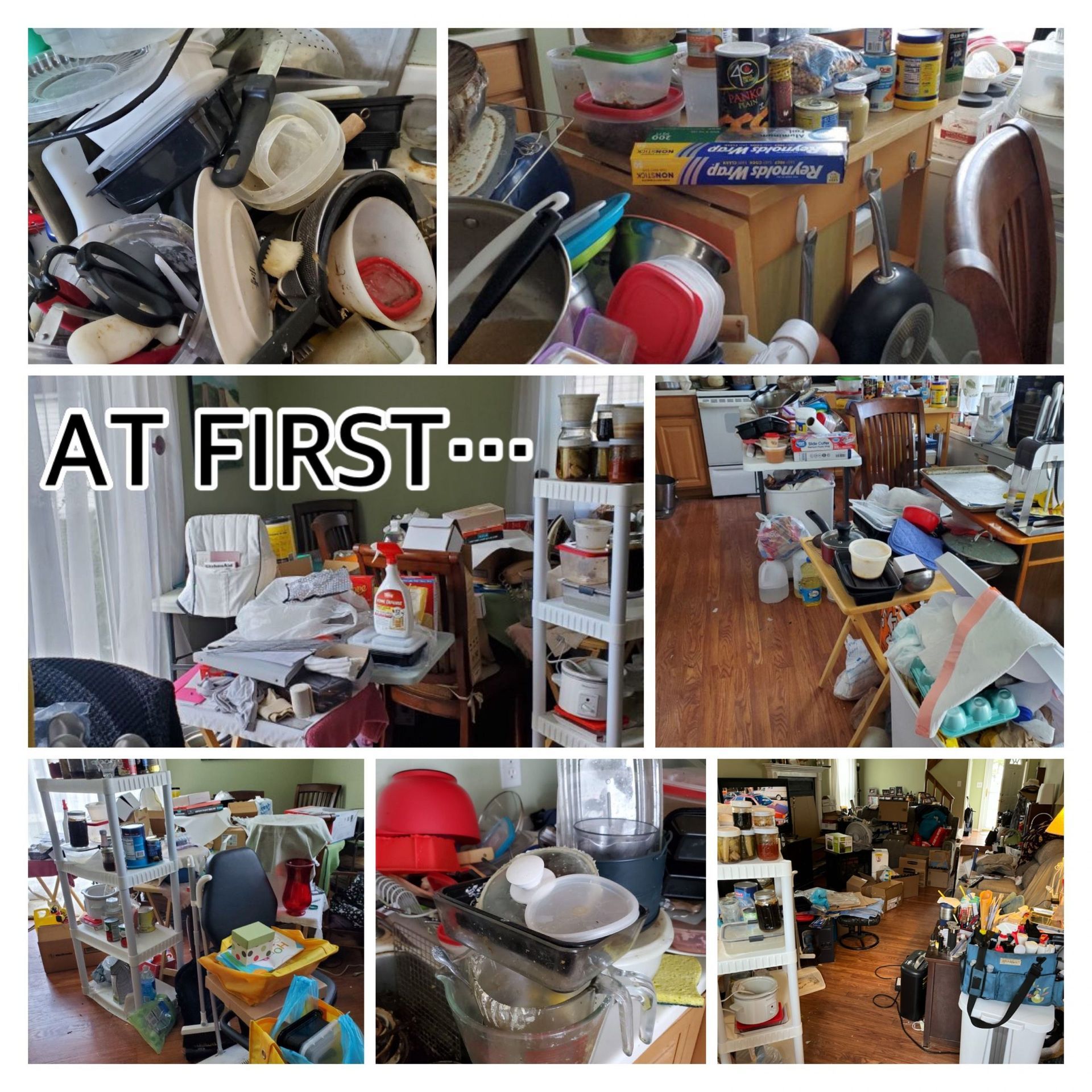 A collage of pictures of a messy house