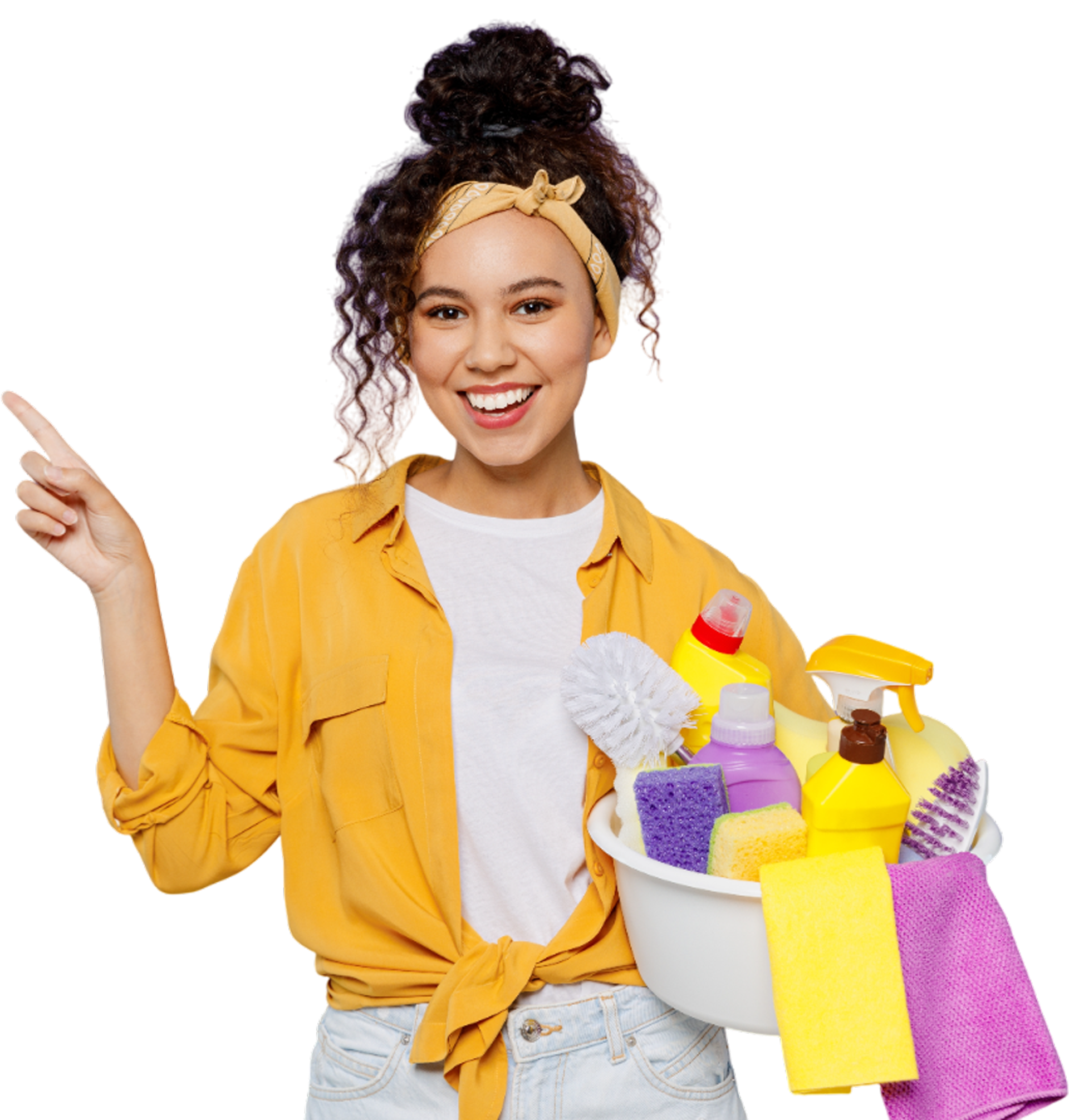 Woman holding a cleaning supplies