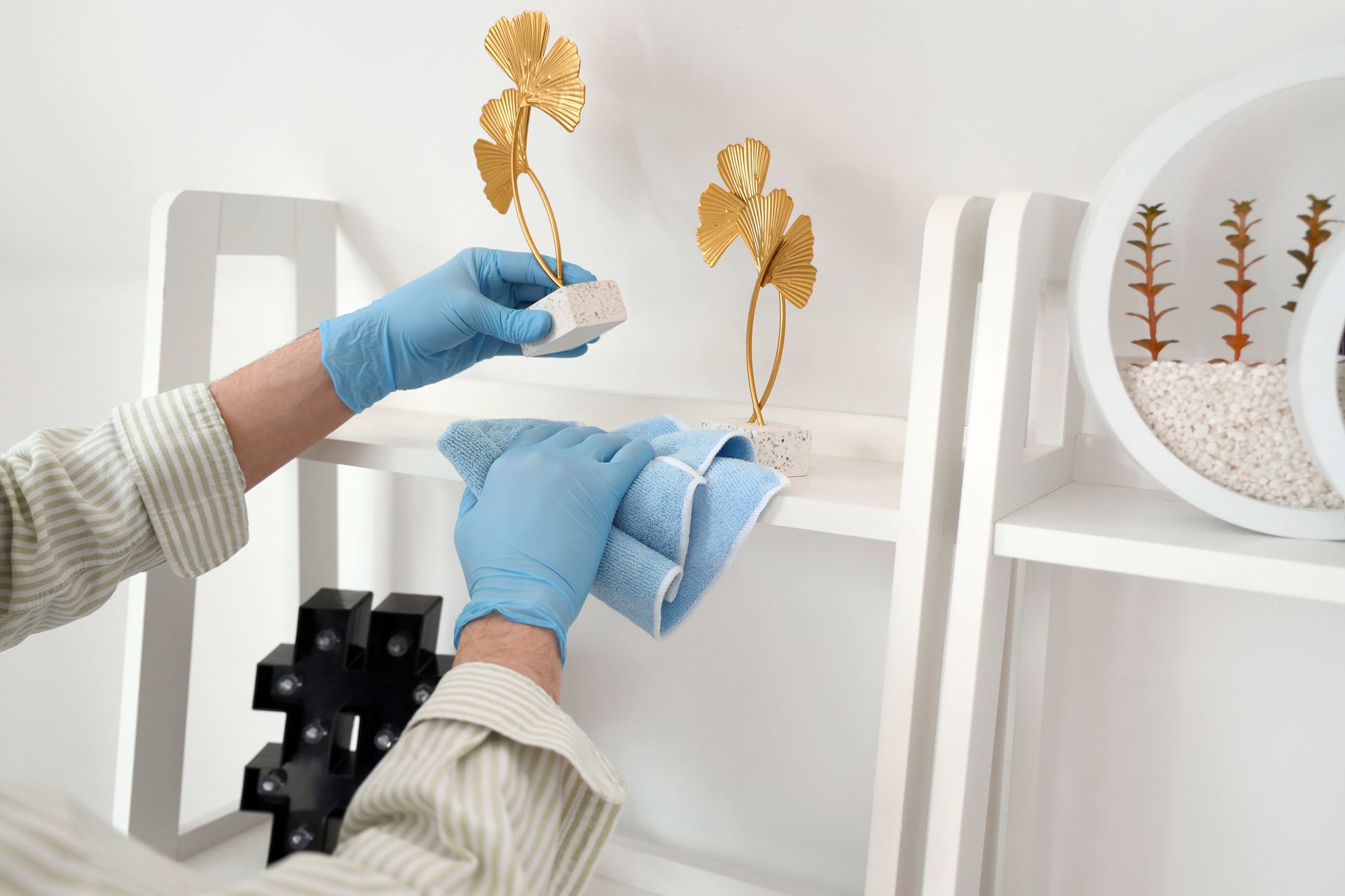 Cleaning a shelf with a cloth