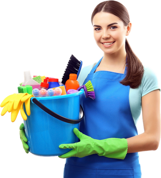 A woman holding cleaning supplies