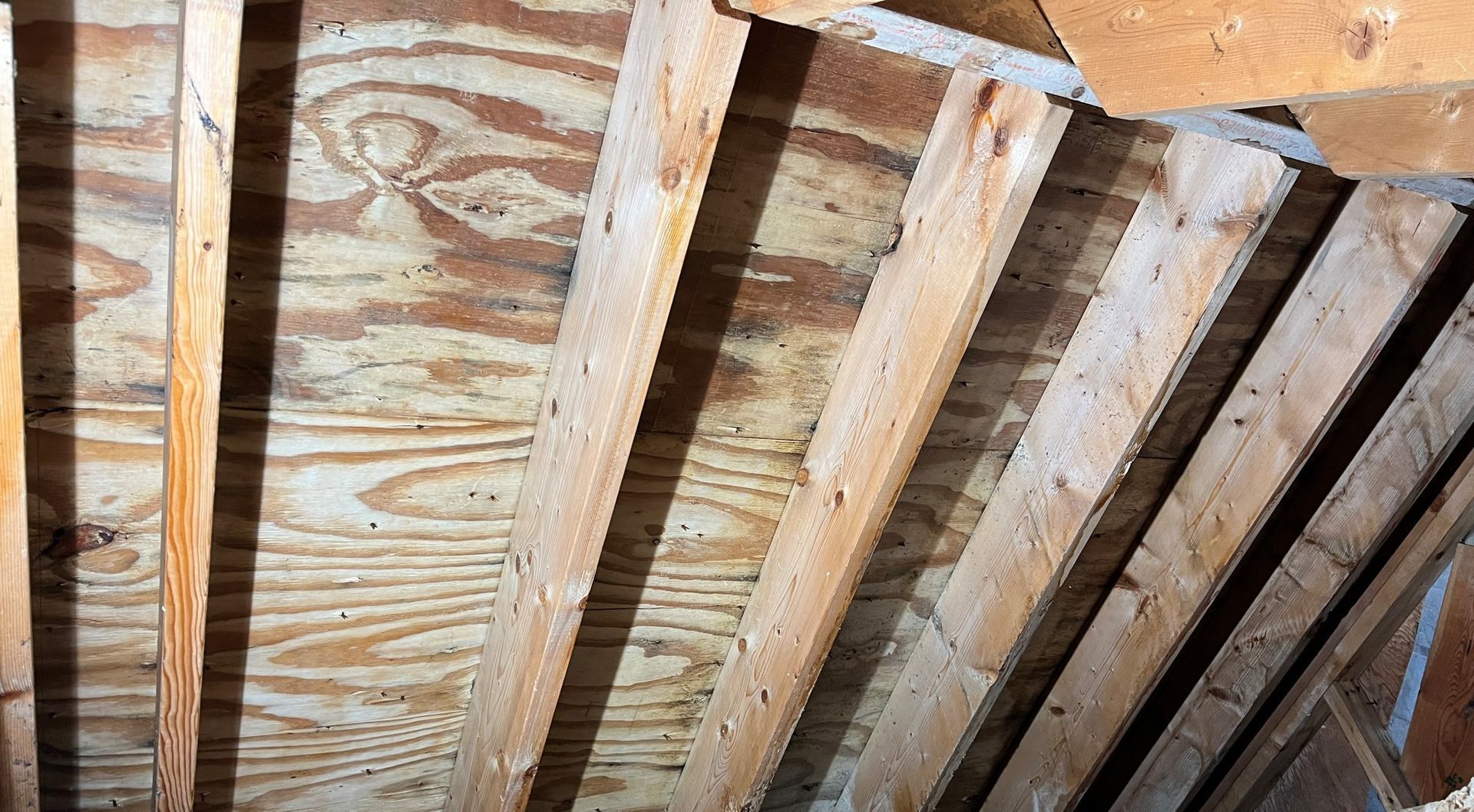 A low-angle view showing wooden roof rafters and the underside of plywood sheathing in an unfinished attic space.