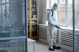 A person in a full white protective suit sanitizing a radiator in an office with a bookshelf and window.