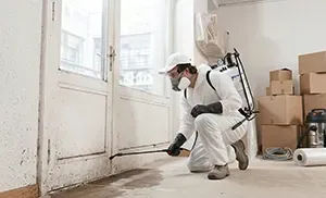 A person in protective gear, mask, and backpack sprayer treating the base of a door frame for mold or pests.