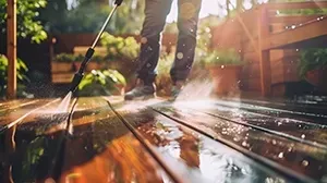 A person pressure washing a wooden deck outdoors in warm sunlight.