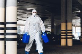 A person in a white protective suit and face mask walks through a parking garage carrying two blue plastic containers.