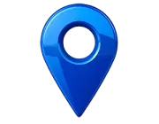 A glossy, three-dimensional blue location map pin icon against a white background.