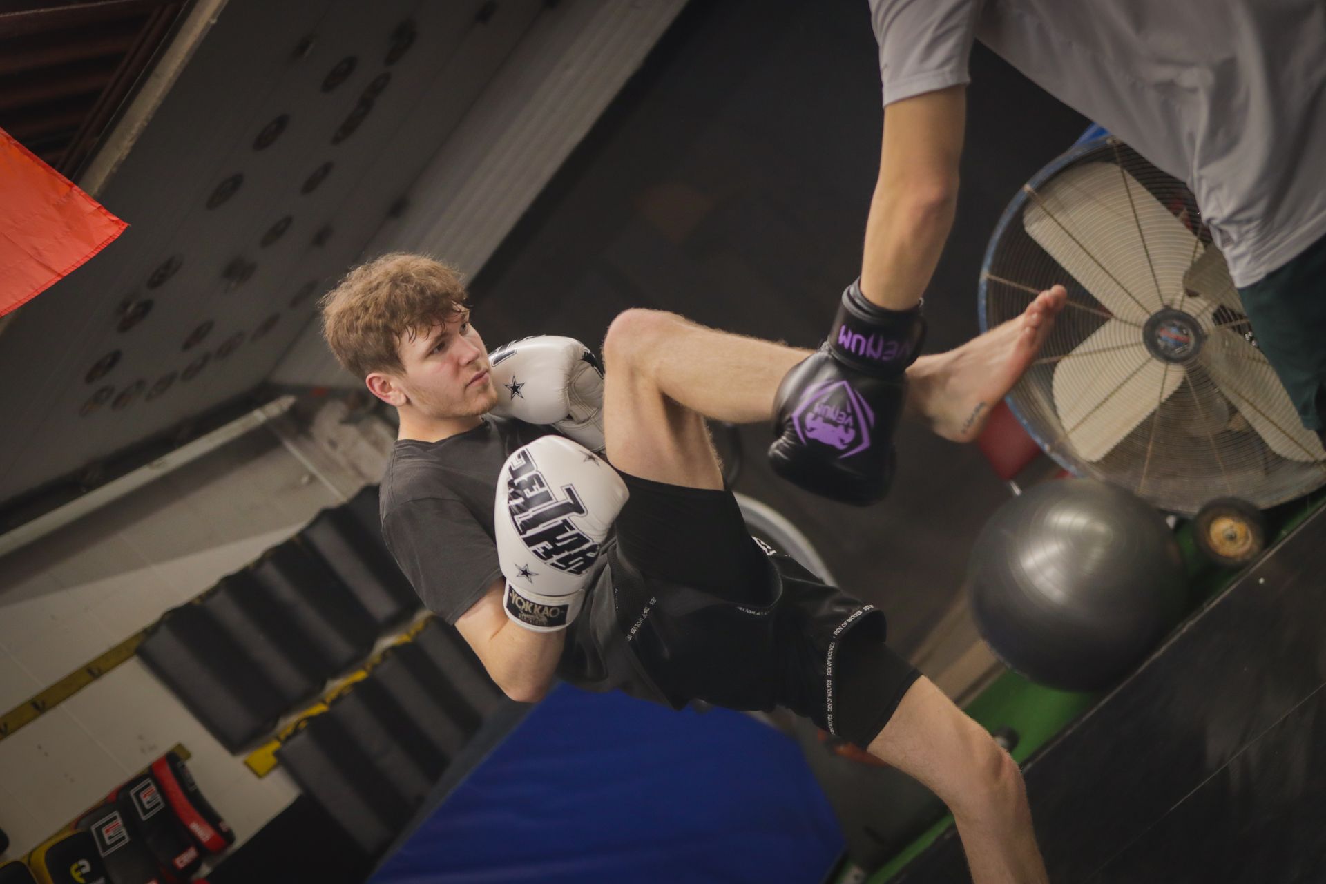 Two men are boxing in a gym and one of them is wearing purple boxing gloves.