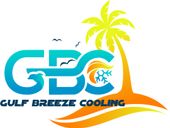 A logo for gulf breeze cooling with a palm tree