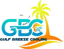 A logo for gulf breeze cooling with a palm tree