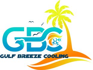 A logo for gulf breeze cooling with a palm tree
