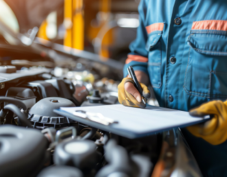Mechanic in blue jumpsuit and gloves, inspecting car engine, writing on clipboard in a garage | Mike's Automotive AC