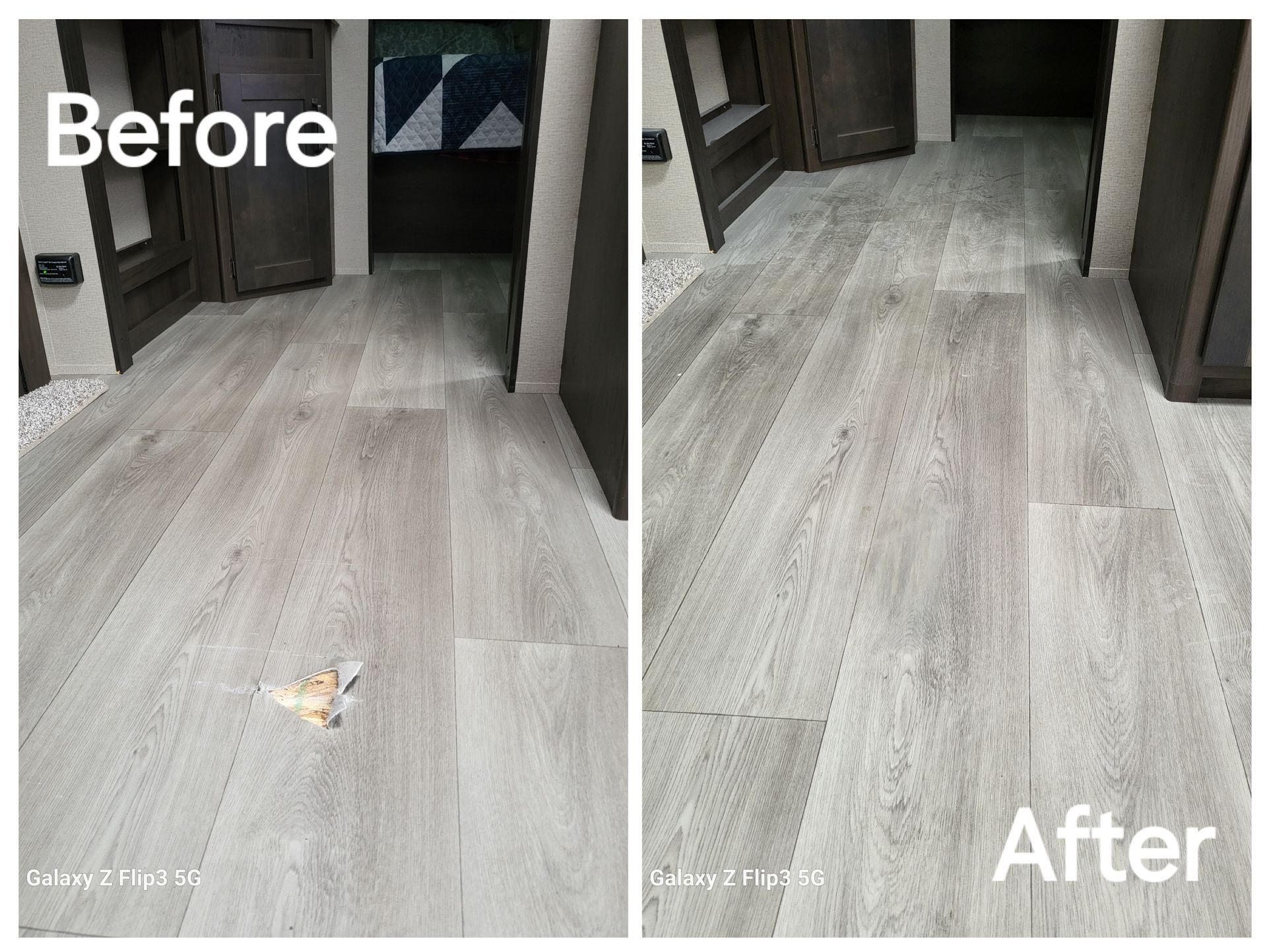 A before and after photo of a wooden floor in a rv.