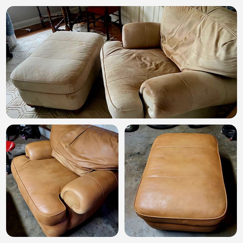 A tan leather chair and ottoman in a living room