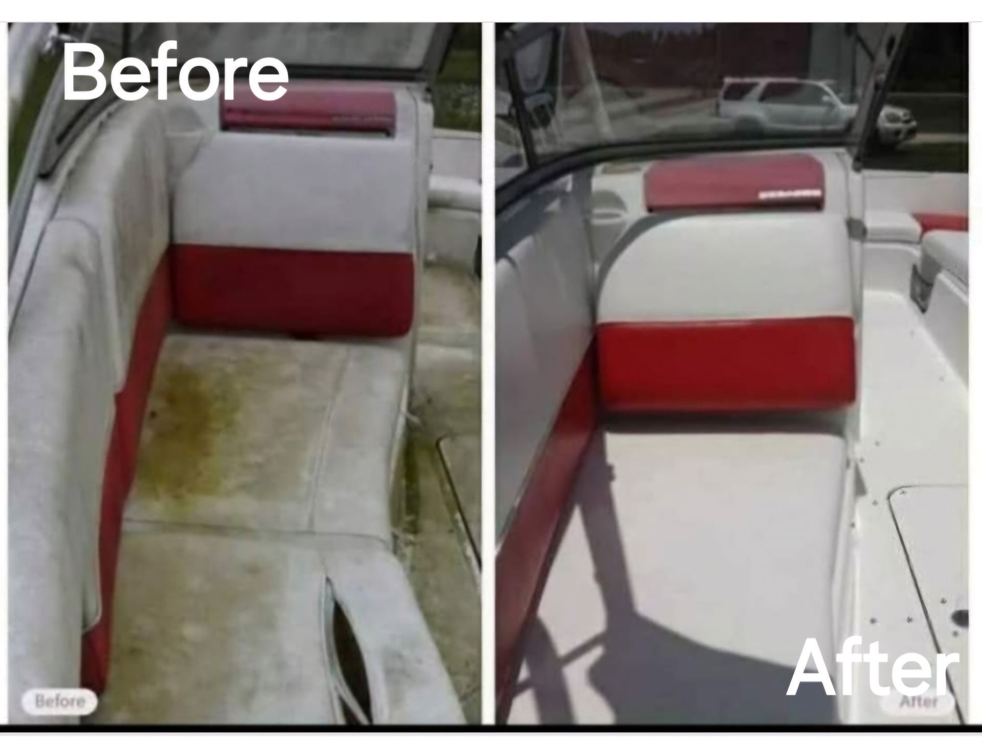 A before and after picture of a boat seat