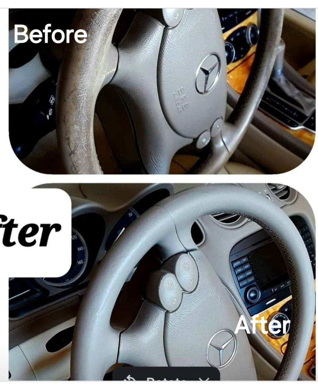 A before and after picture of a car steering wheel