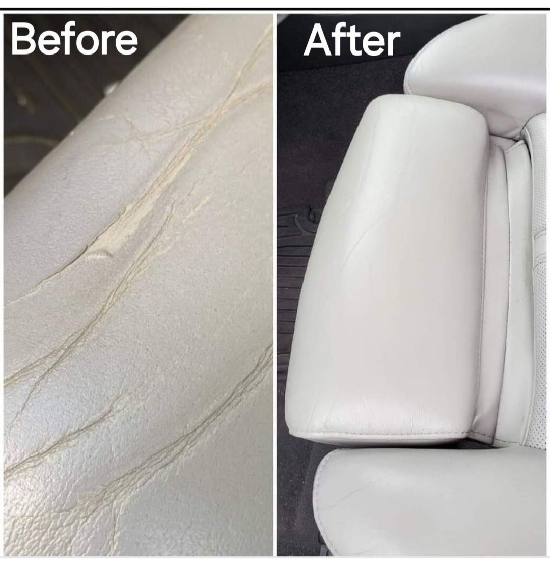 A before and after picture of a white leather chair