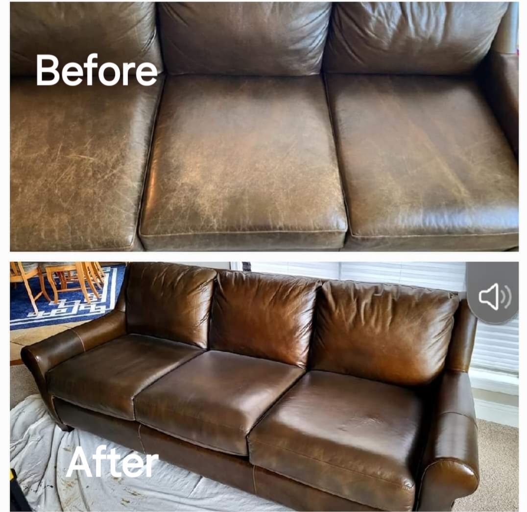 A before and after picture of a brown leather couch