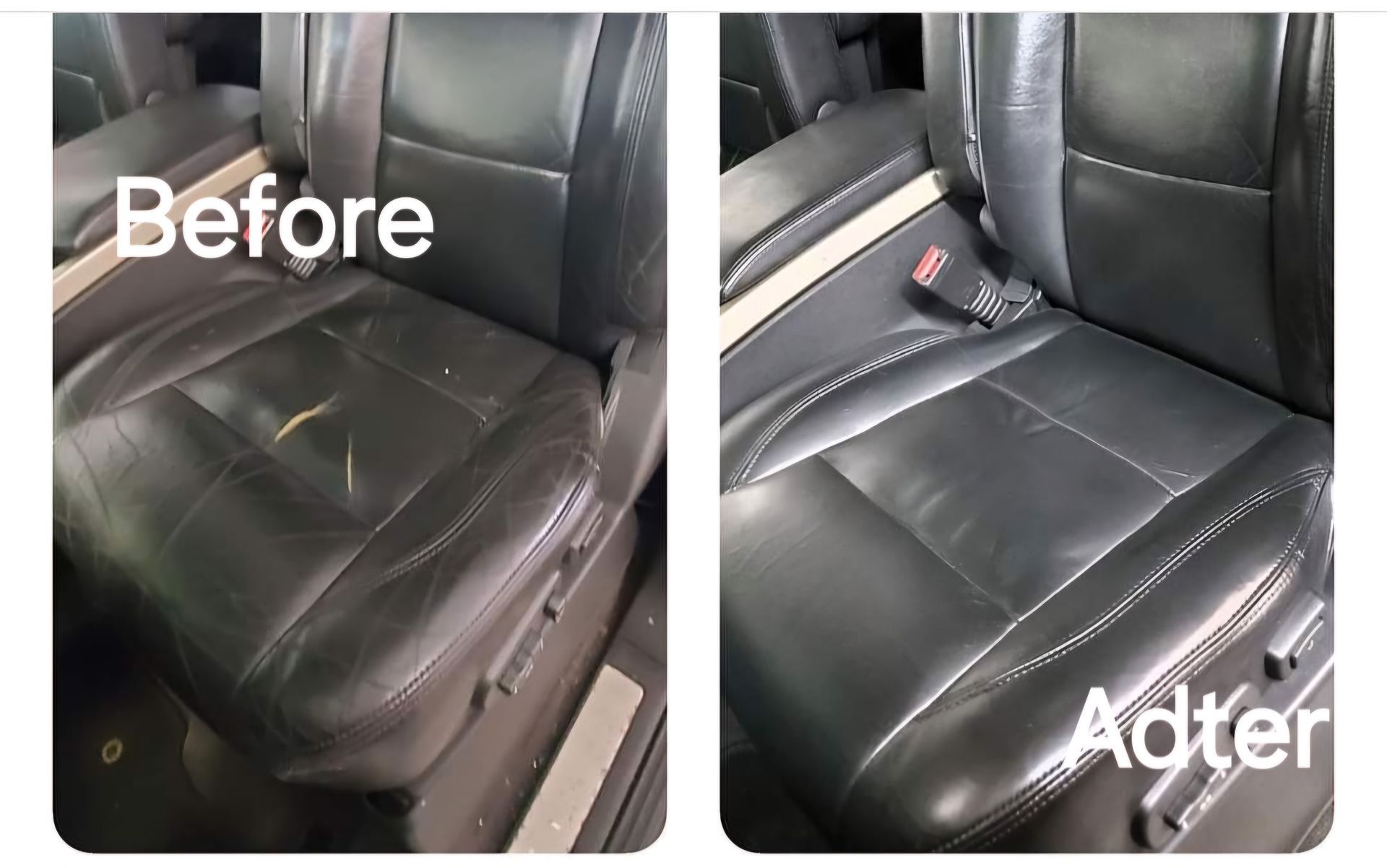 A before and after picture of a leather seat in a car.