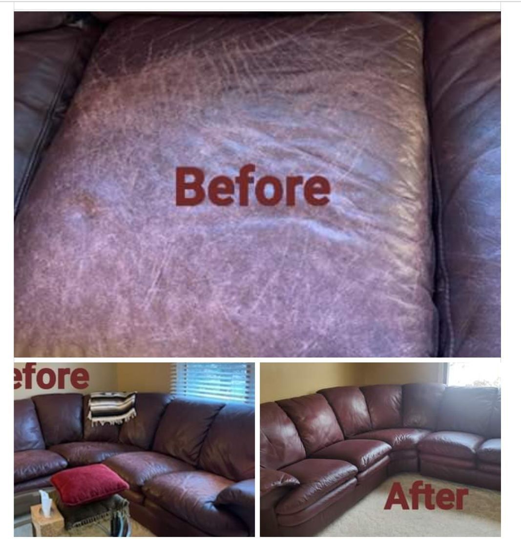 A before and after photo of a leather couch