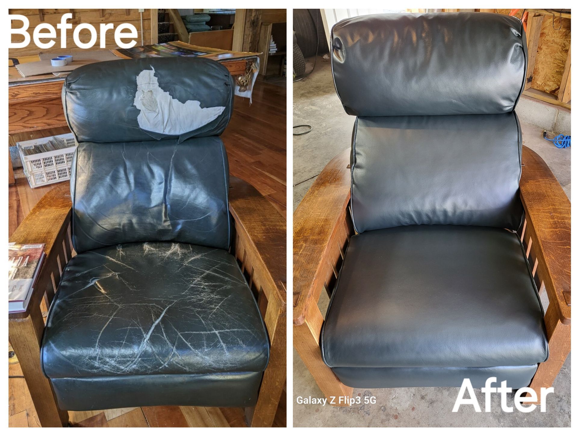 A before and after picture of a black leather chair.