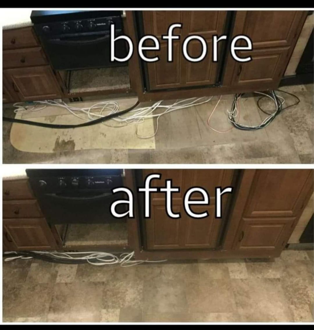 A before and after picture of a kitchen with wooden cabinets