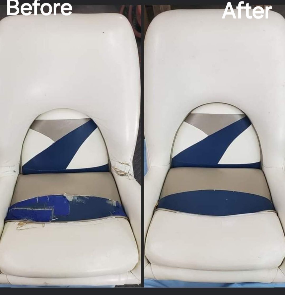 A before and after picture of a boat seat