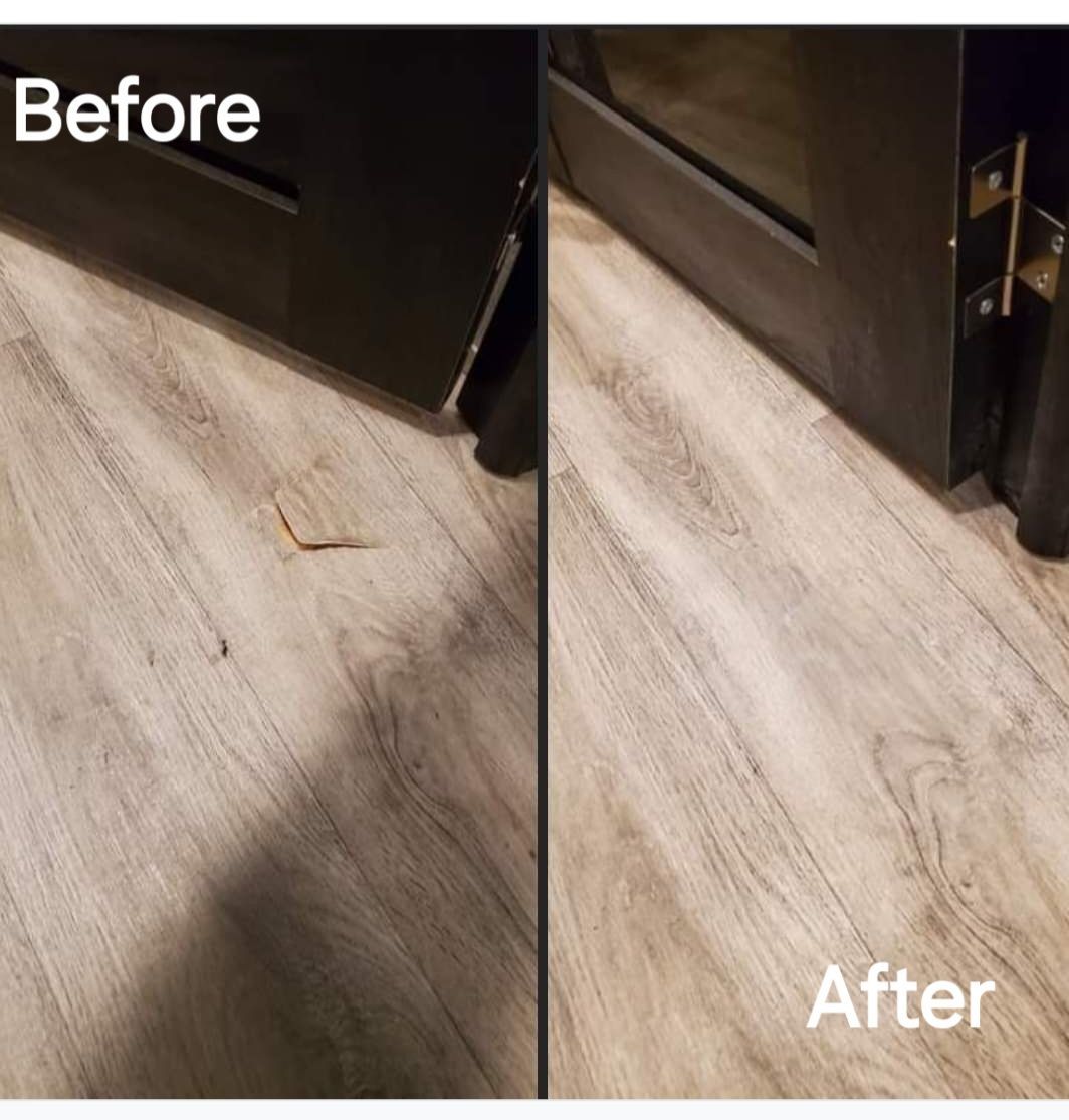 A before and after picture of a wooden floor