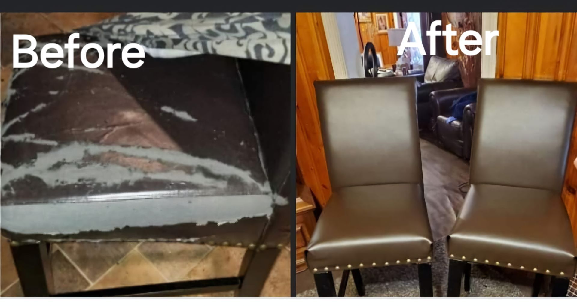 A before and after picture of a table and chairs