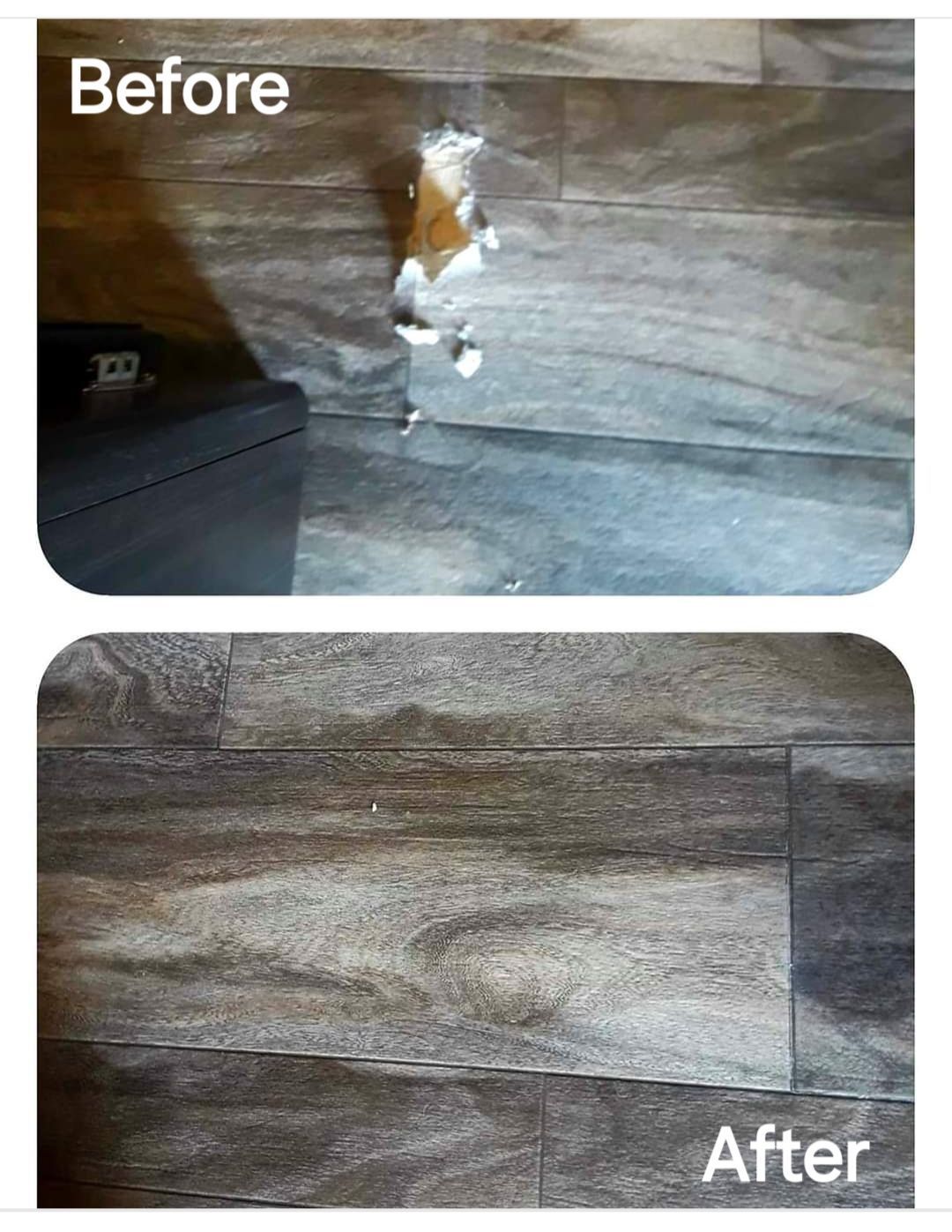 A before and after photo of a cat on a wooden floor.