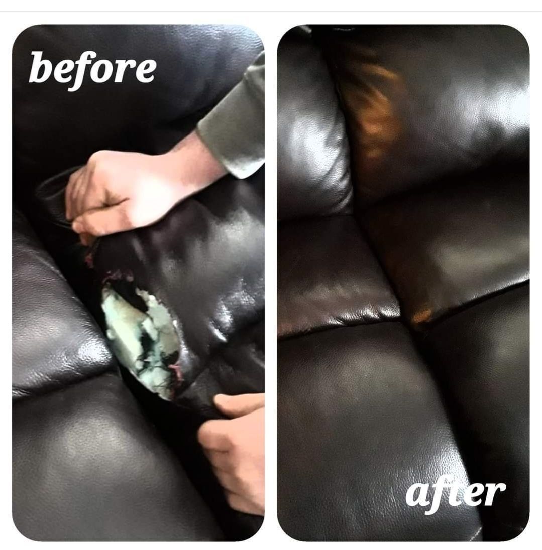 A before and after photo of a leather couch