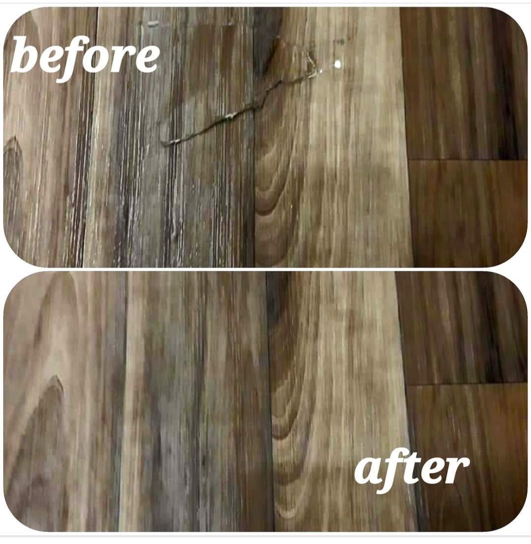 A before and after picture of a wooden floor