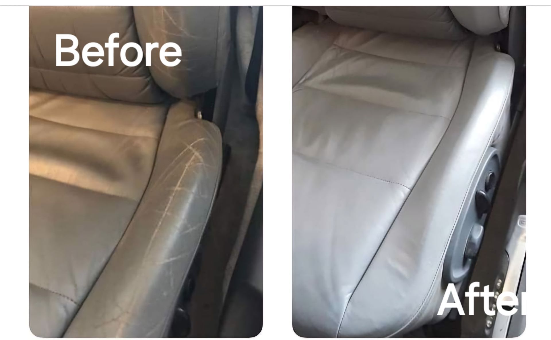 A before and after picture of a leather car seat