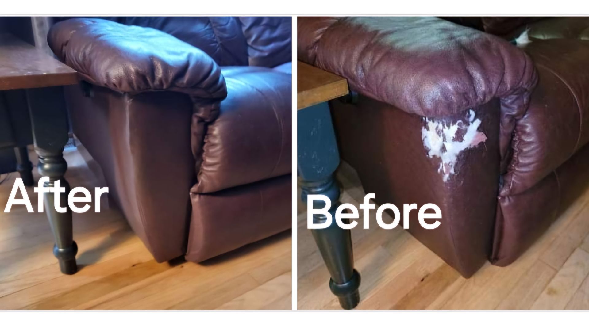 A before and after picture of a leather recliner.