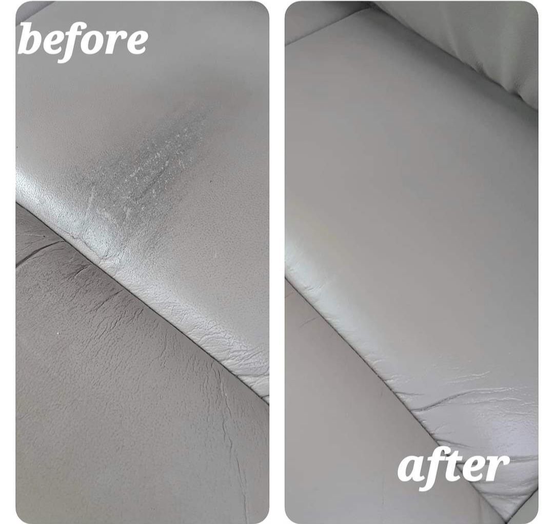 A before and after photo of a white leather couch