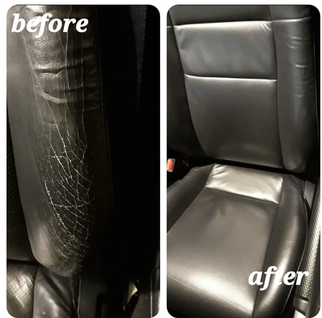 A before and after picture of a leather car seat