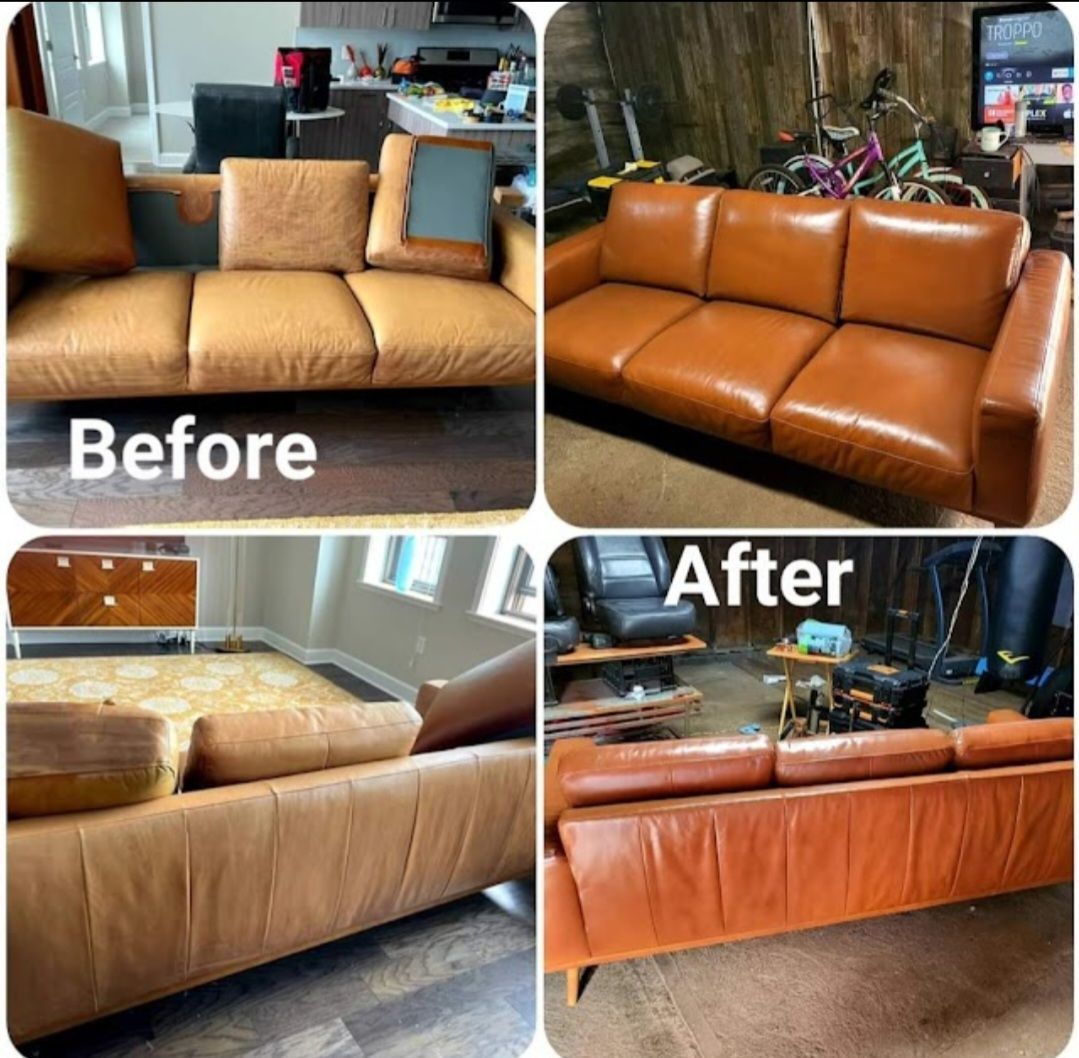 A before and after photo of a brown leather couch