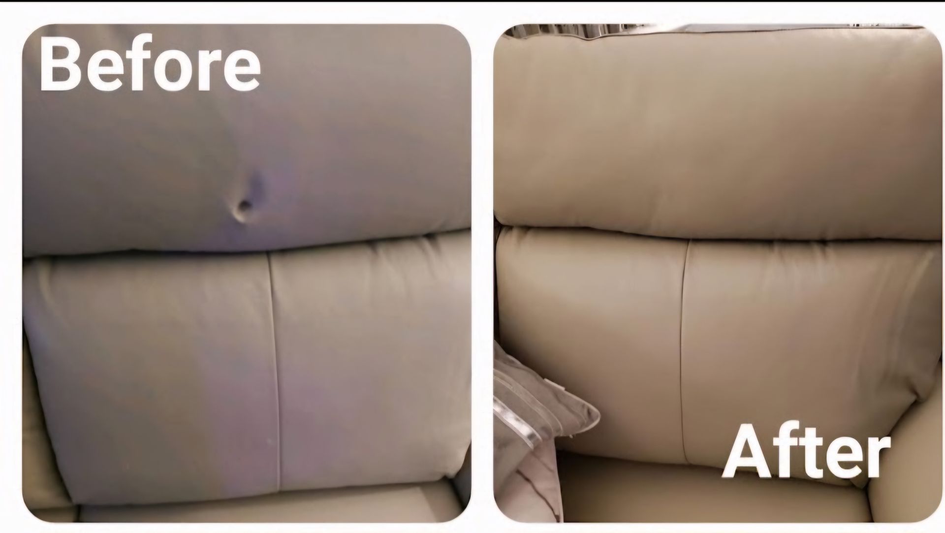 A before and after picture of a leather couch.