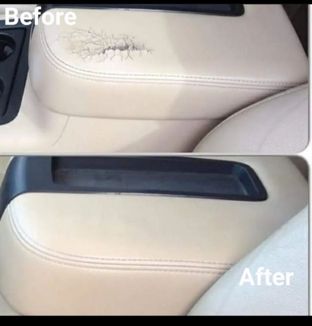 A before and after picture of a car arm rest