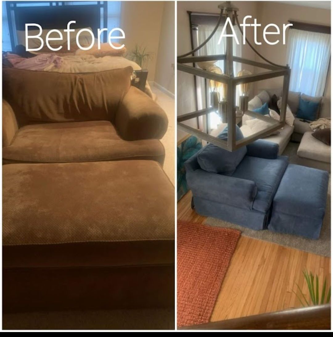 A before and after photo of a living room