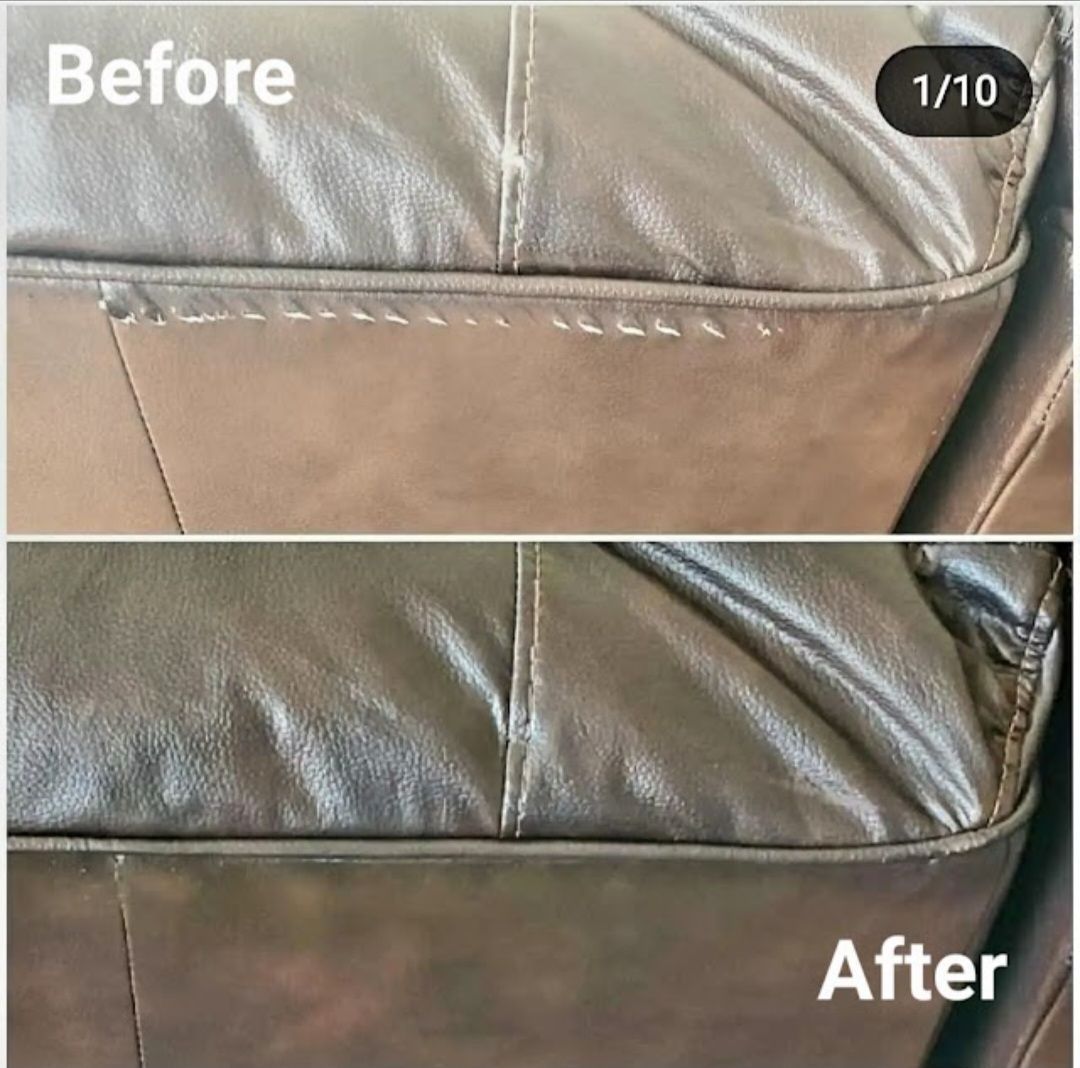 A before and after photo of a leather couch