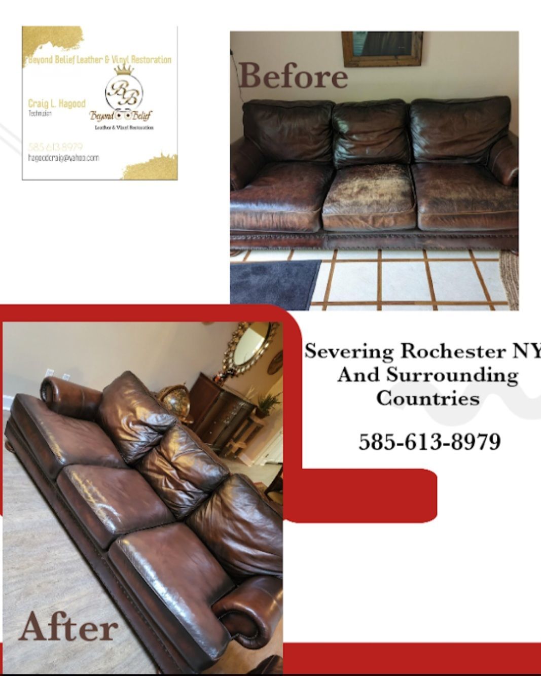 A before and after picture of a brown leather couch