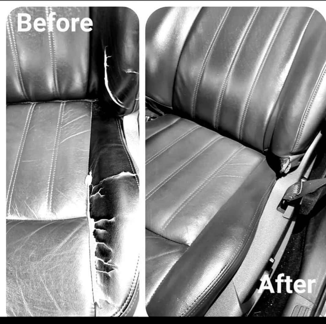 A before and after picture of a leather car seat