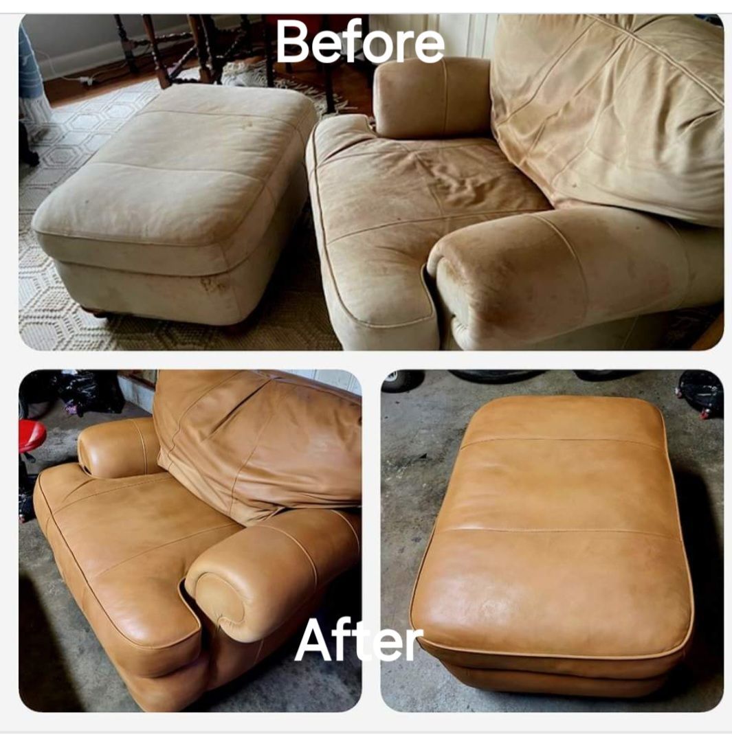 A before and after picture of a leather chair and ottoman