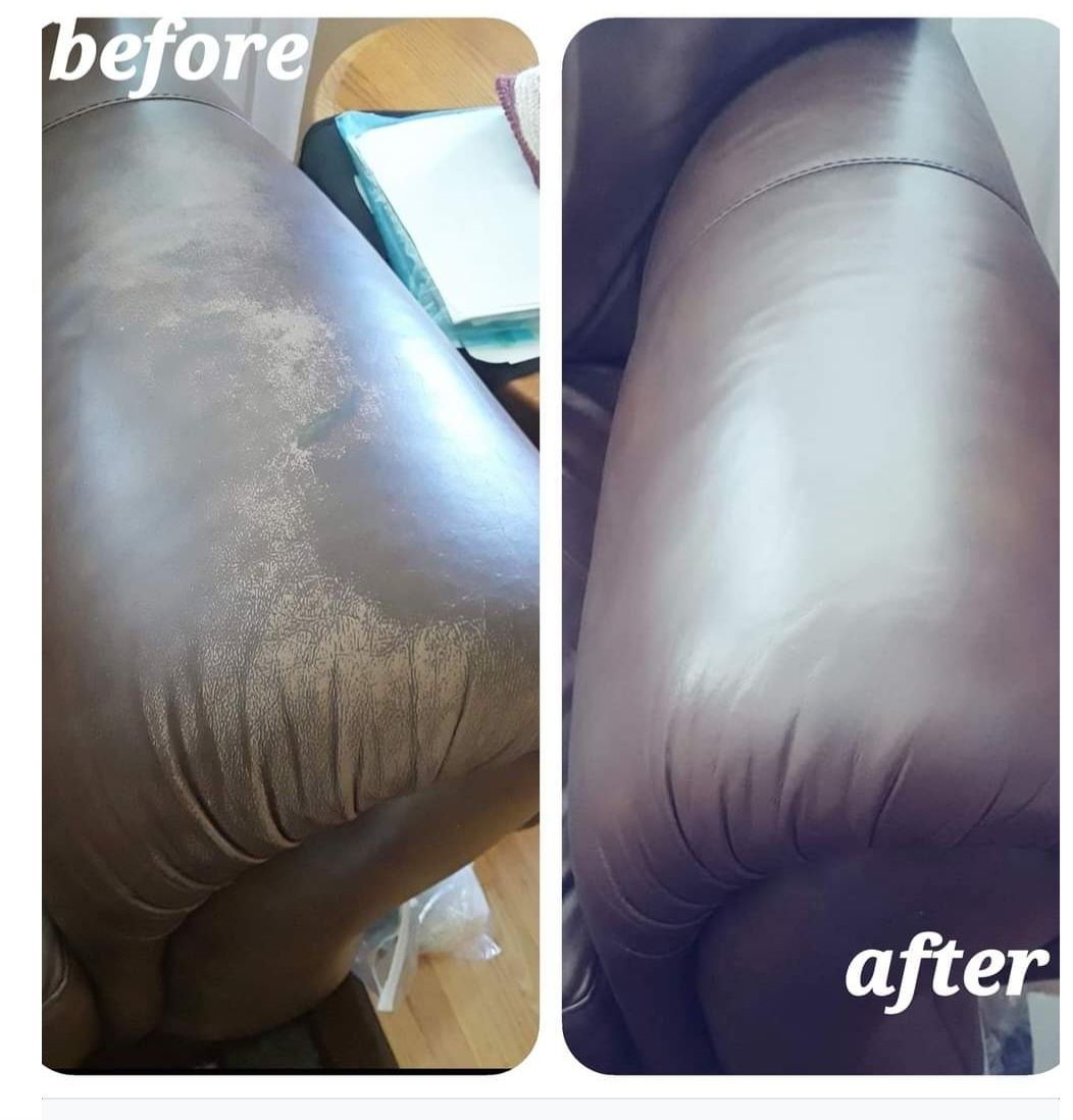 A before and after picture of a leather couch