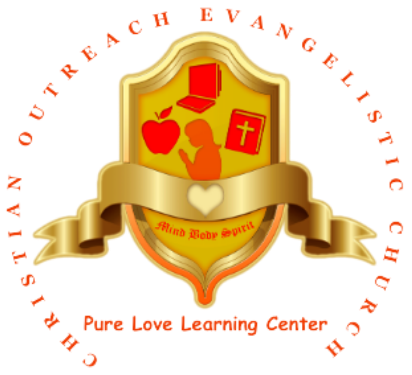 Logo for Christian Outreach Evangelistic Church: gold shield Pure Love Learning Center text
